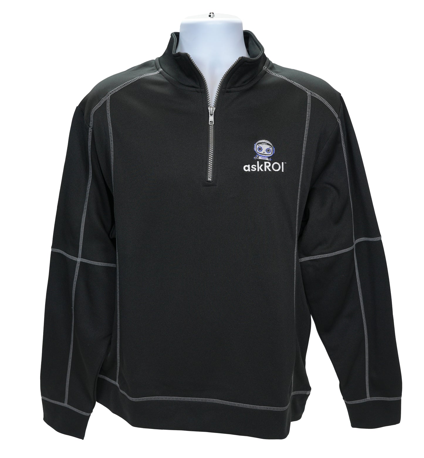askROI Men’s Performance Quarter Zip Pullover - Black with Gray Seam Accents